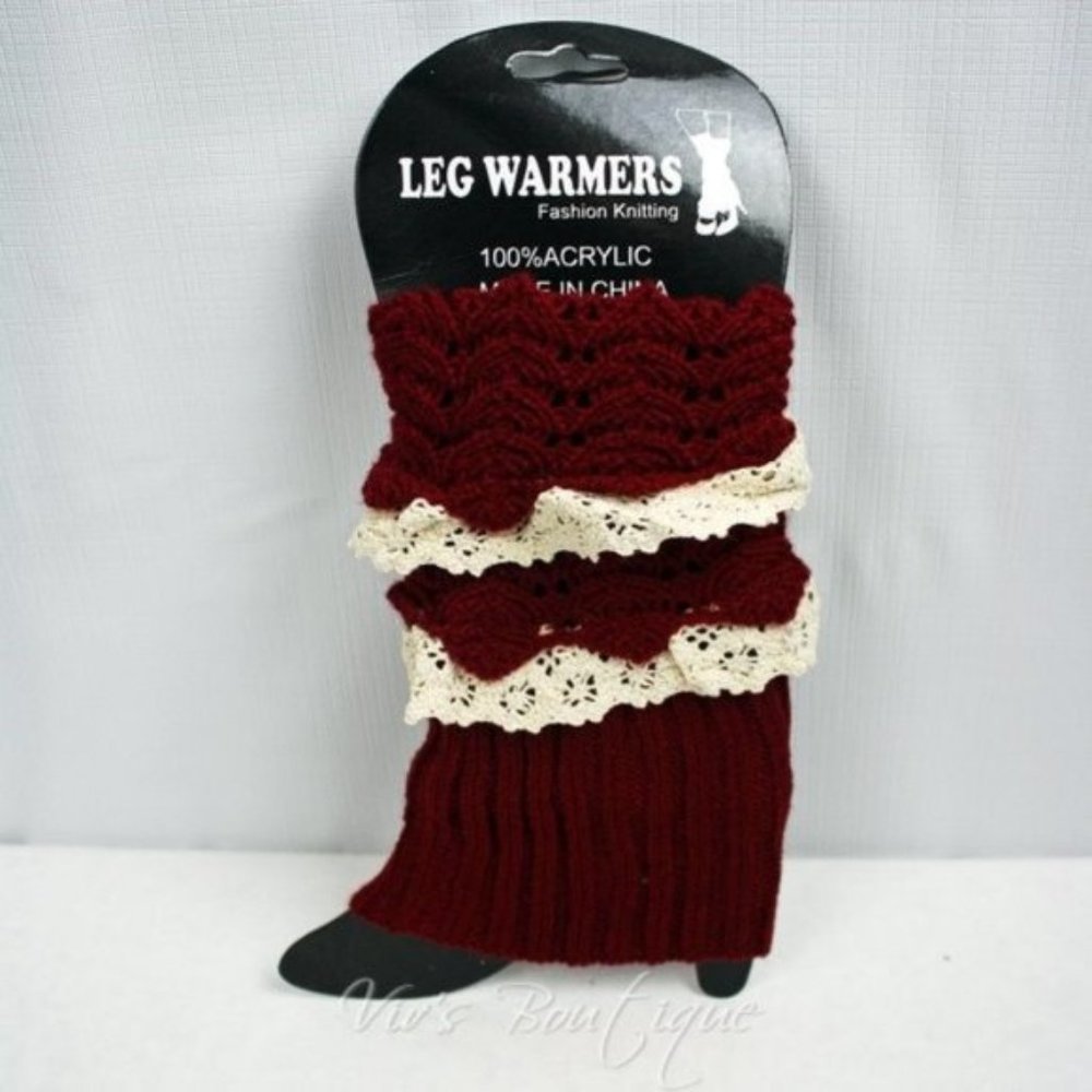 Boot Cuffs Leg Warmers Red with Lace Trim